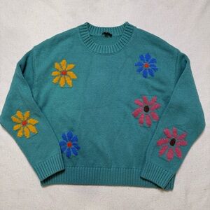 Rails Zoey Intarsia Wool Blend Multi Flowers Knit Floral Sweater Teal Green S